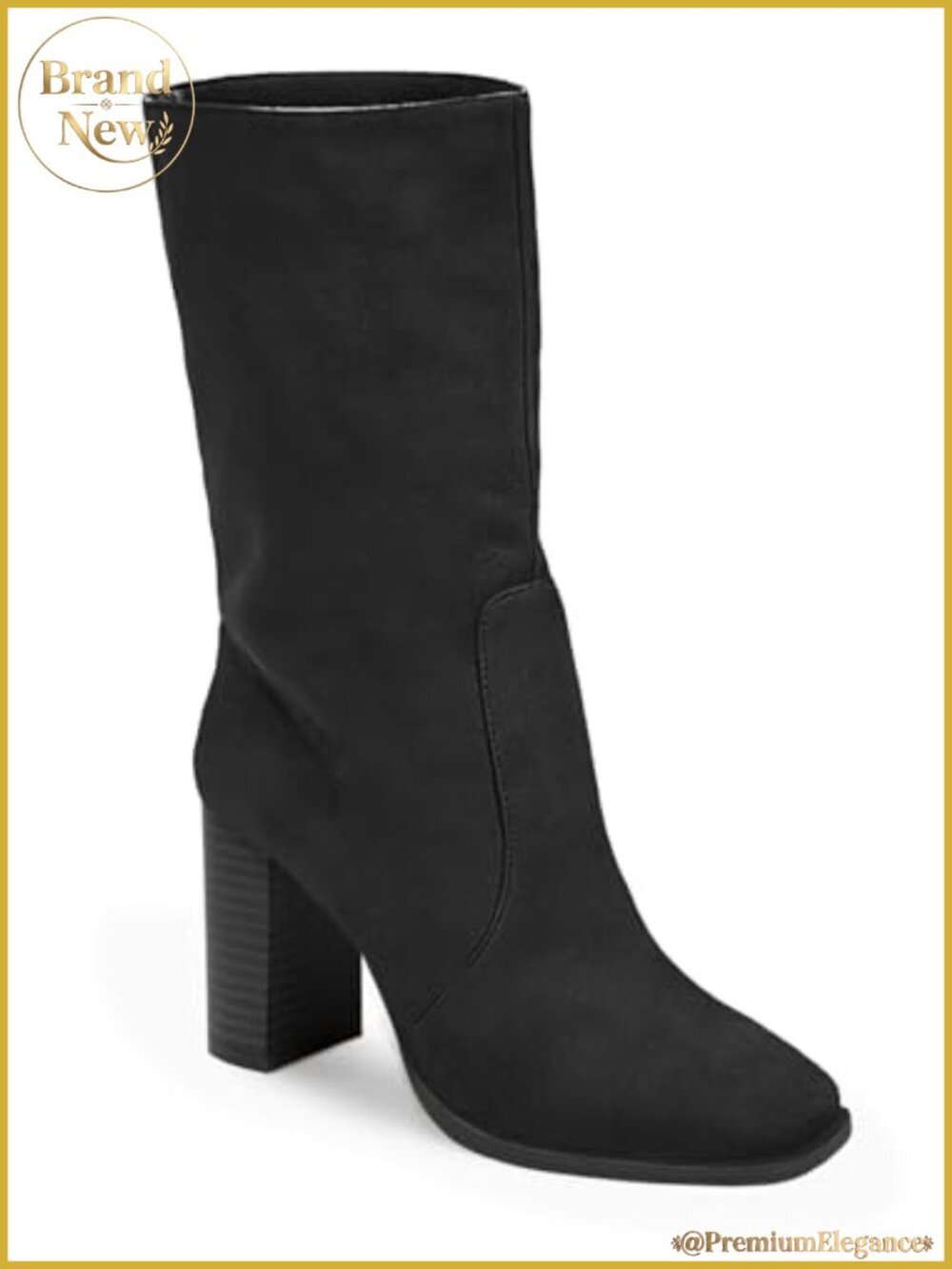 Faux Suede Mid-Calf Boots Chunky Stacked Heel Square Toe Side Zipper Slip-On